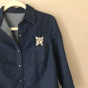 Cat Chambray Denim Button Down Top